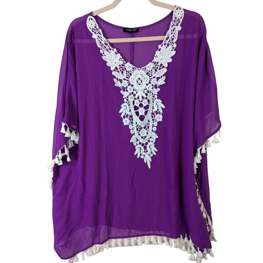 CPOKRTWSO Women Plus size 2X Crochet Chiffon Tassel Swimsuit Beach Cover Up